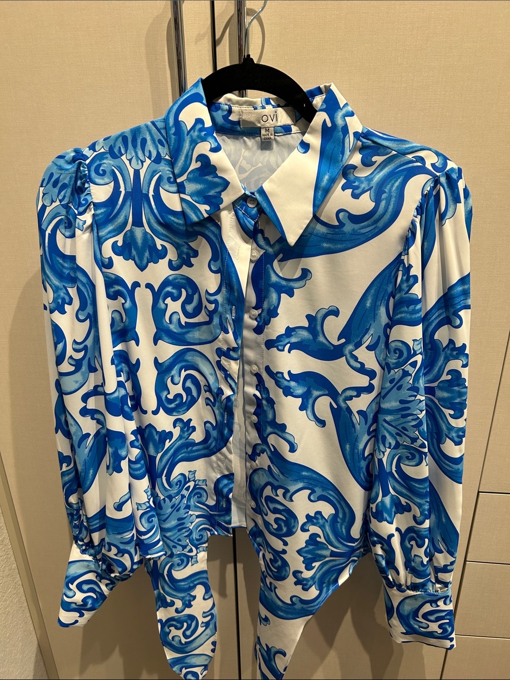 OVI Blue & White Printed Women’s Matching Tie Front Shirt